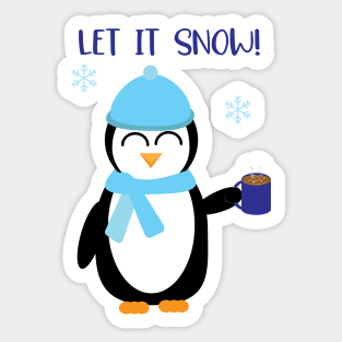 Let it Snow, Cute Winter Penguin with hot cocoa Sticker